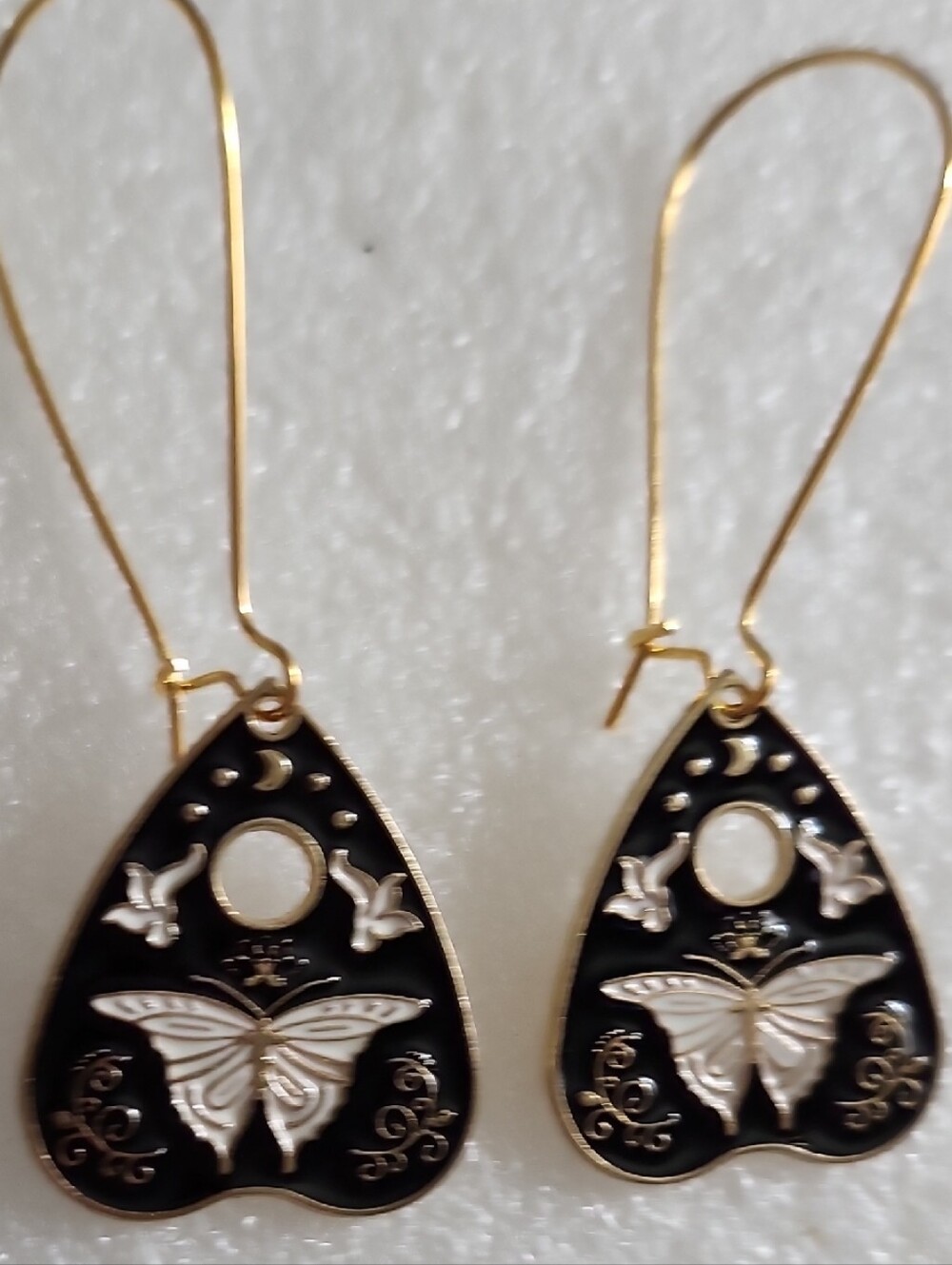 Hand Crafted Black and Gold Butterfly Moon Drop Earrings Ouija Planchette
